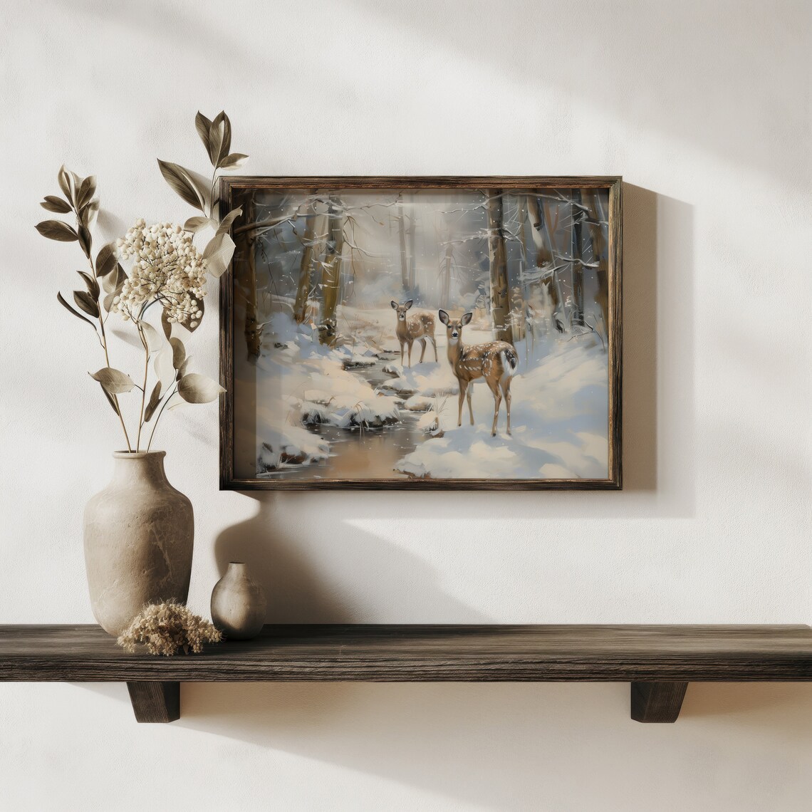 Deer Snowy Winter Forest Stream Vintage Wildlife Oil Painting Poster - Image 4