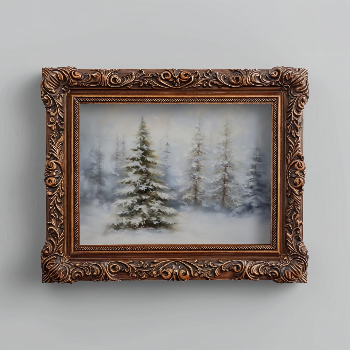 Snow Covered Pine Trees Misty Winter Forest Vintage Painting Print - Image 4