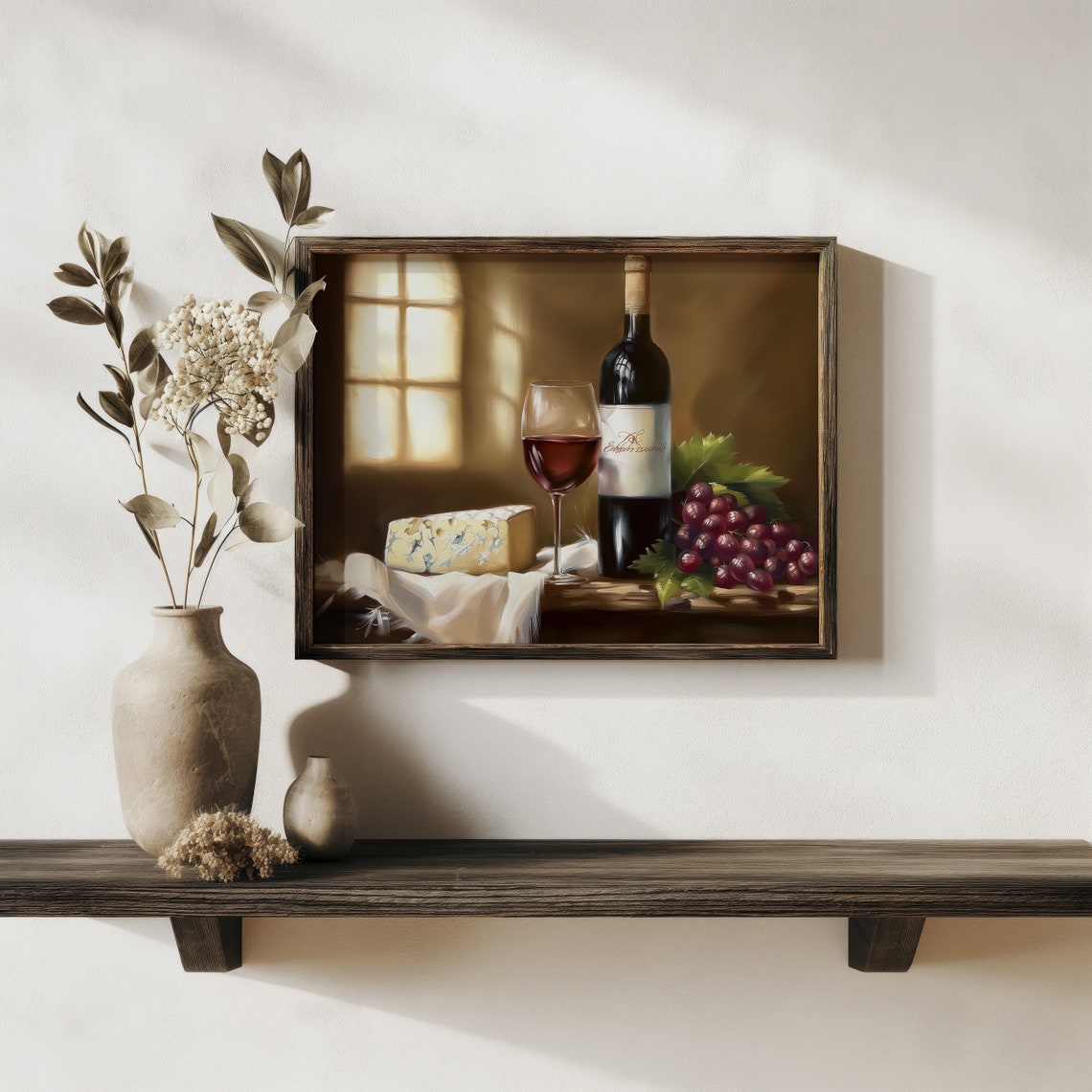 Red Wine Bottle Glass Cheese Grapes Warm Window Light Still Life Print - Image 3