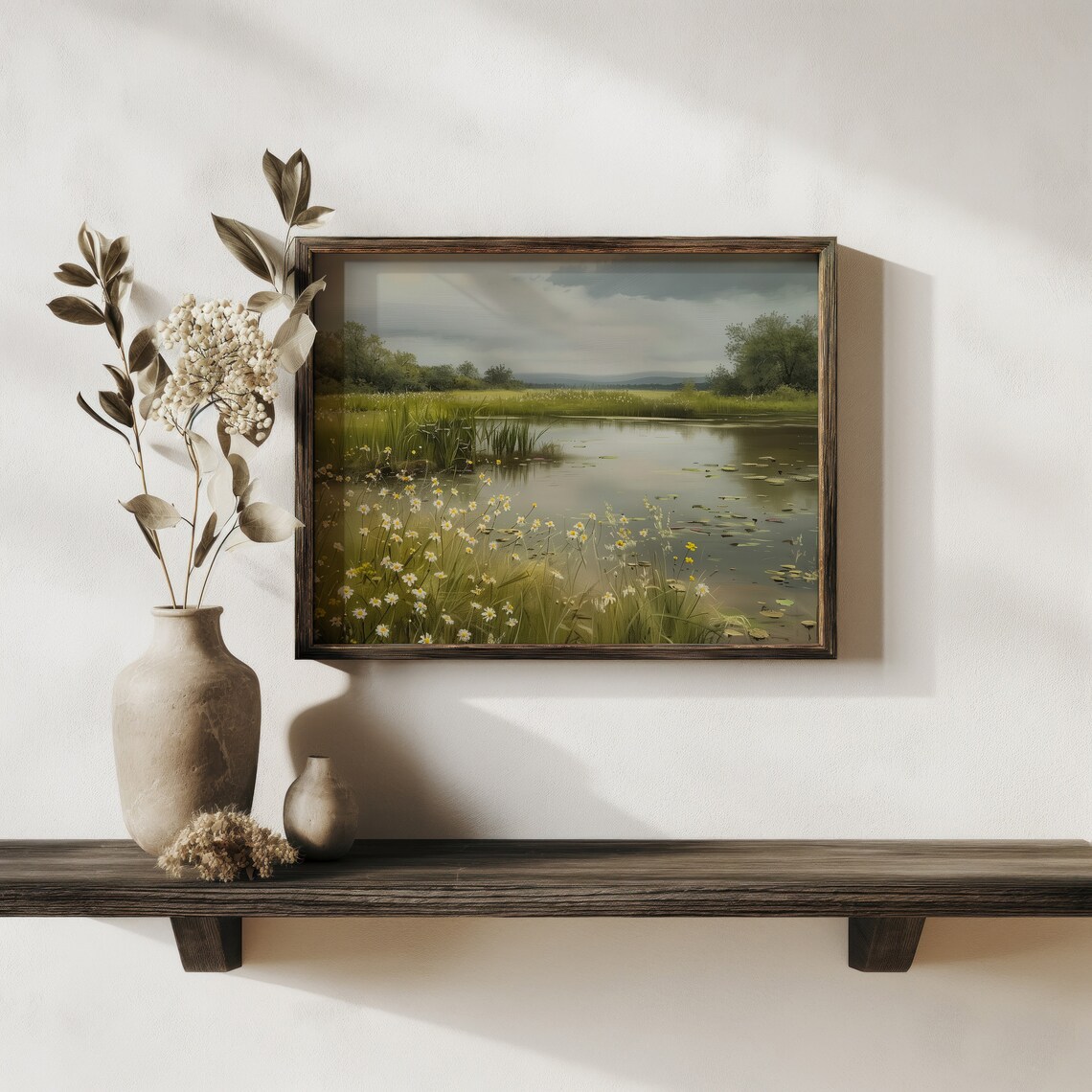 Wildflower Meadow Pond Vintage Landscape Oil Painting Art Print - Image 2