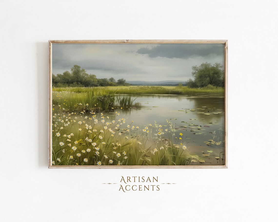 Wildflower Meadow Pond Vintage Landscape Oil Painting Art Print