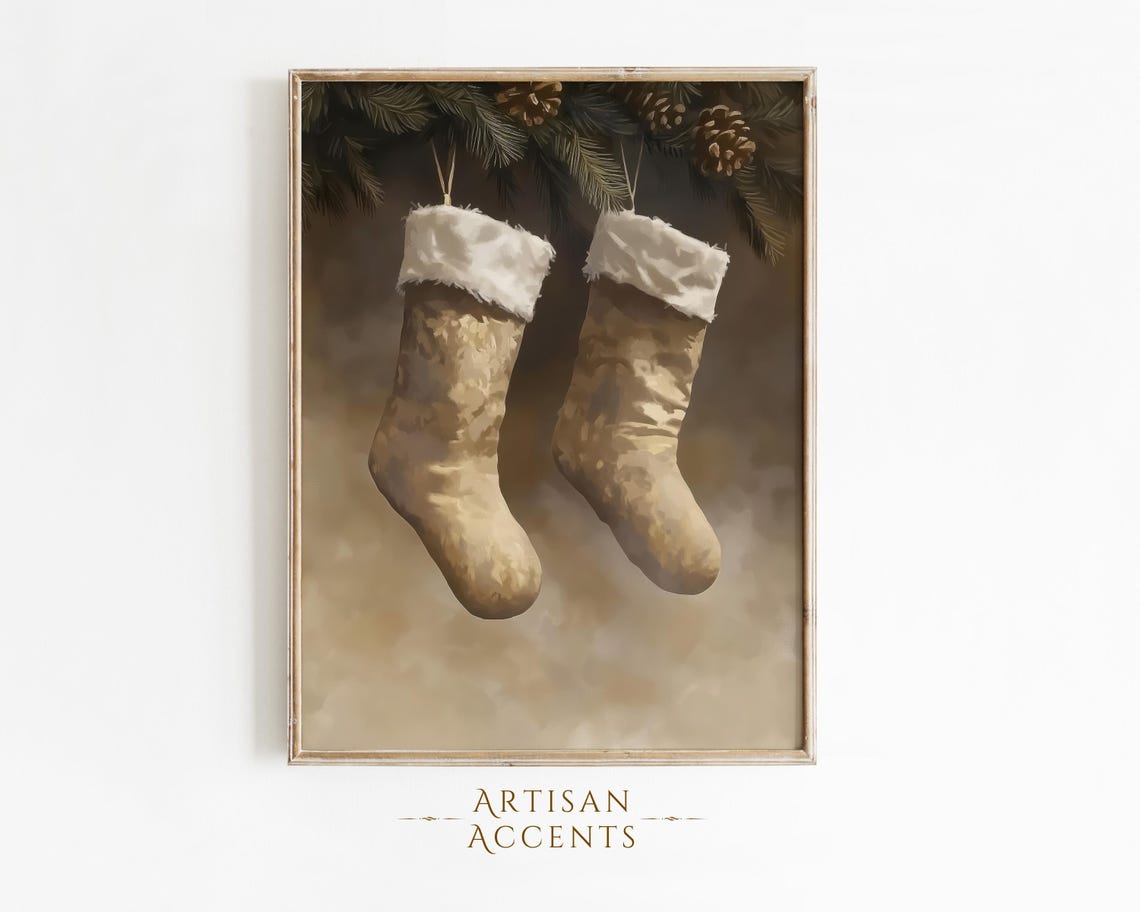Beige Christmas Stockings Hanging On Pine Rustic Holiday Wall Art