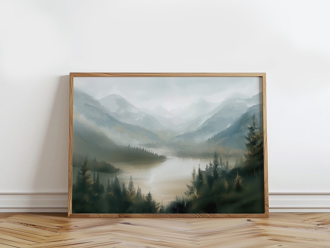 Misty Mountain Lake Evergreen Forest Soft Green Landscape Poster - Image 4