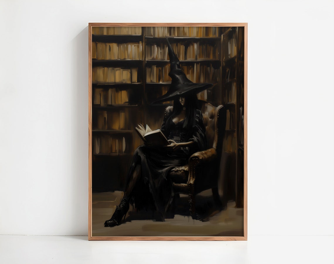 Witch Reading In Dark Library Gothic Halloween Oil Painting Wall Art - Image 5