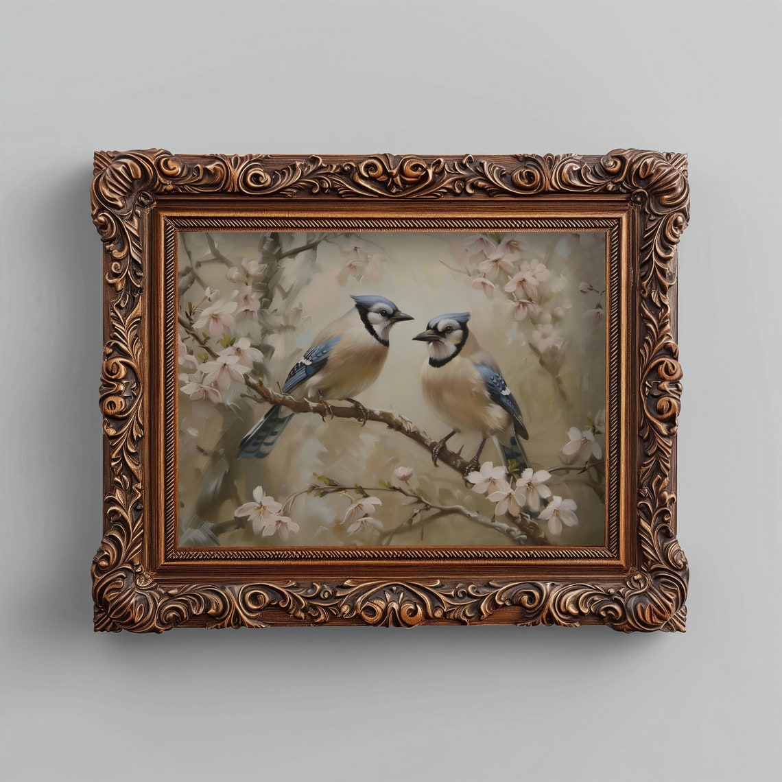 Blue Jays Cherry Blossom Branch Pair Spring Birds Painting Art Print - Image 4