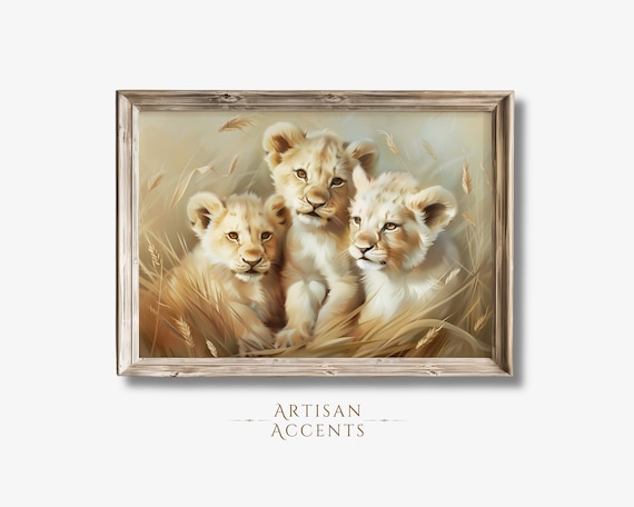 Three Lion Cubs In Golden Grass Safari Wildlife Oil Painting Print