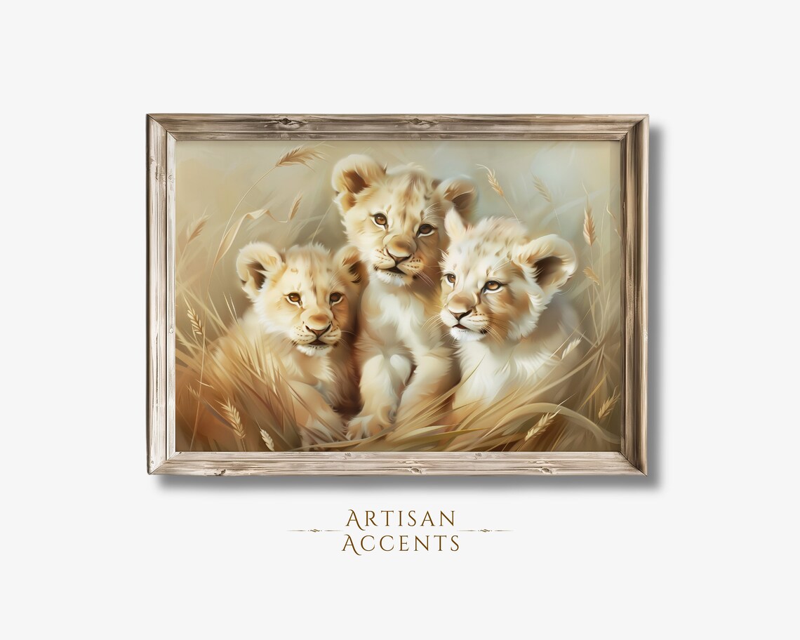 Three Lion Cubs In Golden Grass Safari Wildlife Oil Painting Print