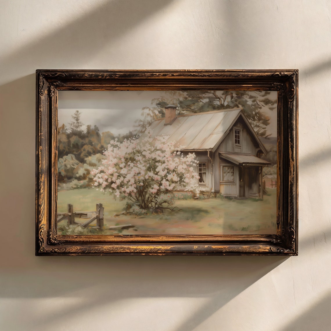 Rustic Cottage With Blooming Pink Tree Spring Garden Art Print - Image 2