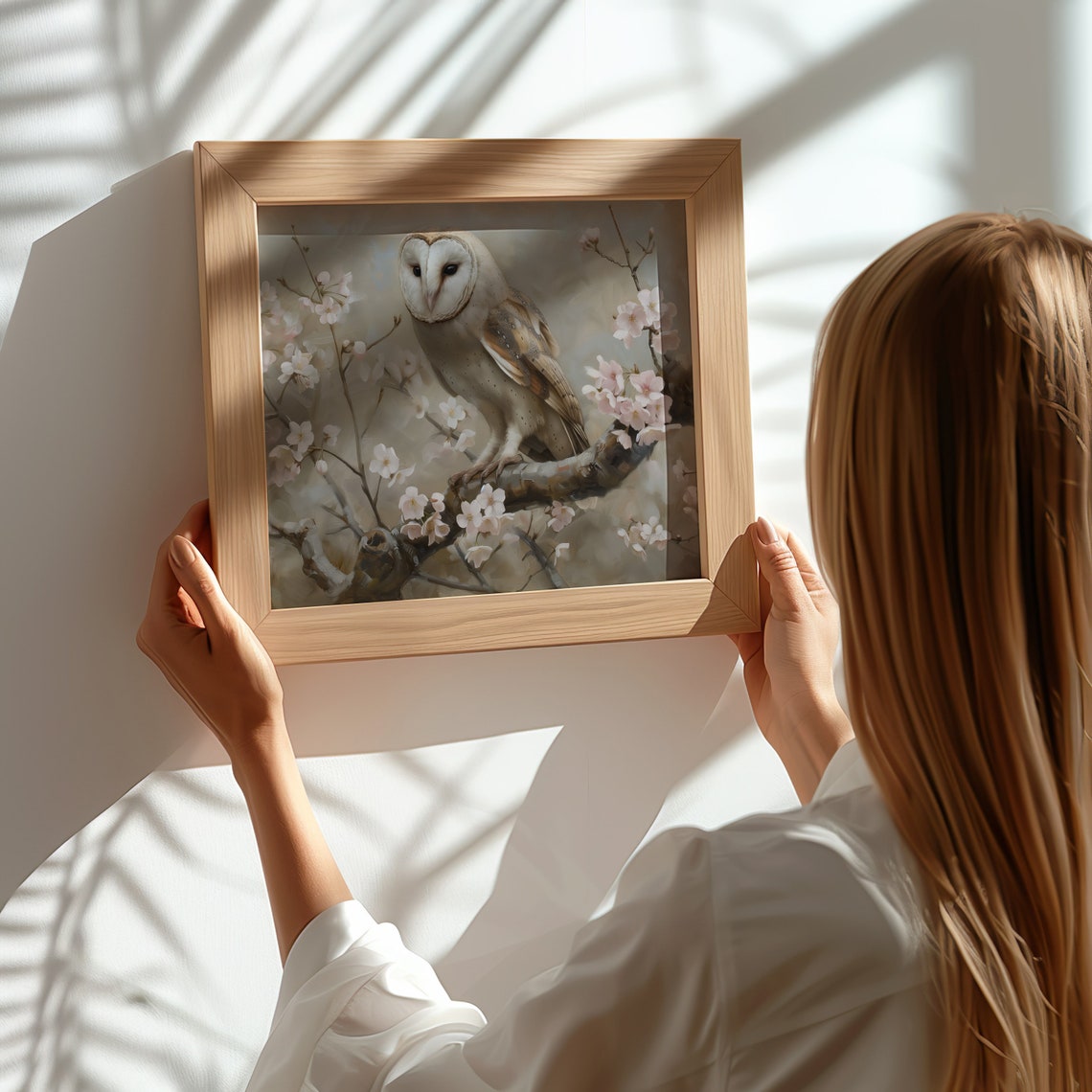 Barn Owl Cherry Blossom Branch Pink Spring Bird Wildlife Art Print - Image 4