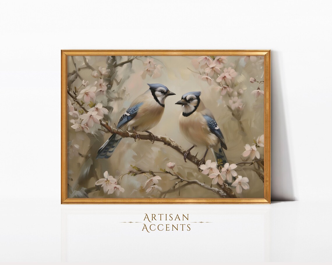 Blue Jays Cherry Blossom Branch Pair Spring Birds Painting Art Print