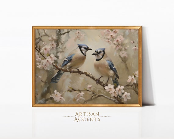 Blue Jays In Cherry Blossom Tree Oil Painting Art Print For Home Decor Springtime Wall Art Jpeg Fine Artwork