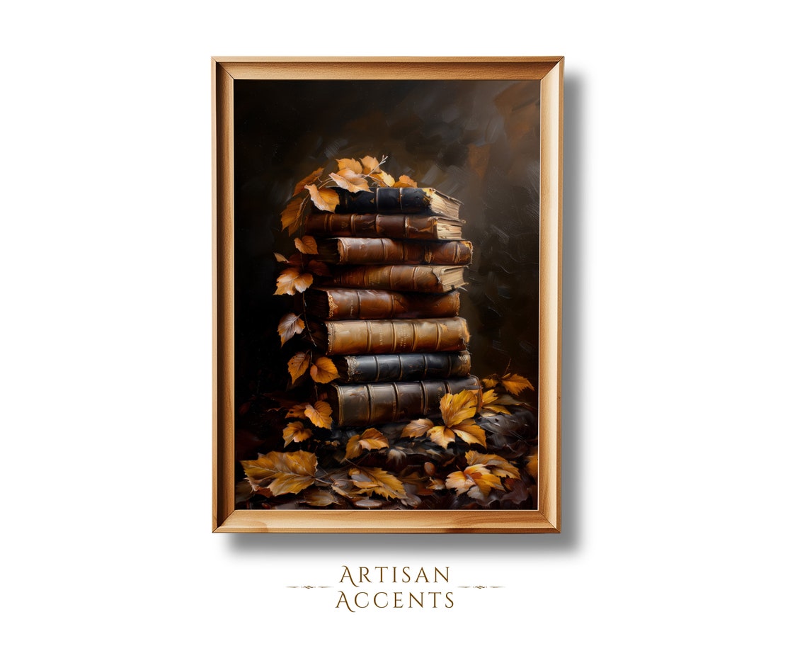 Stacked Vintage Books With Autumn Leaves Fall Decor Oil Painting Print