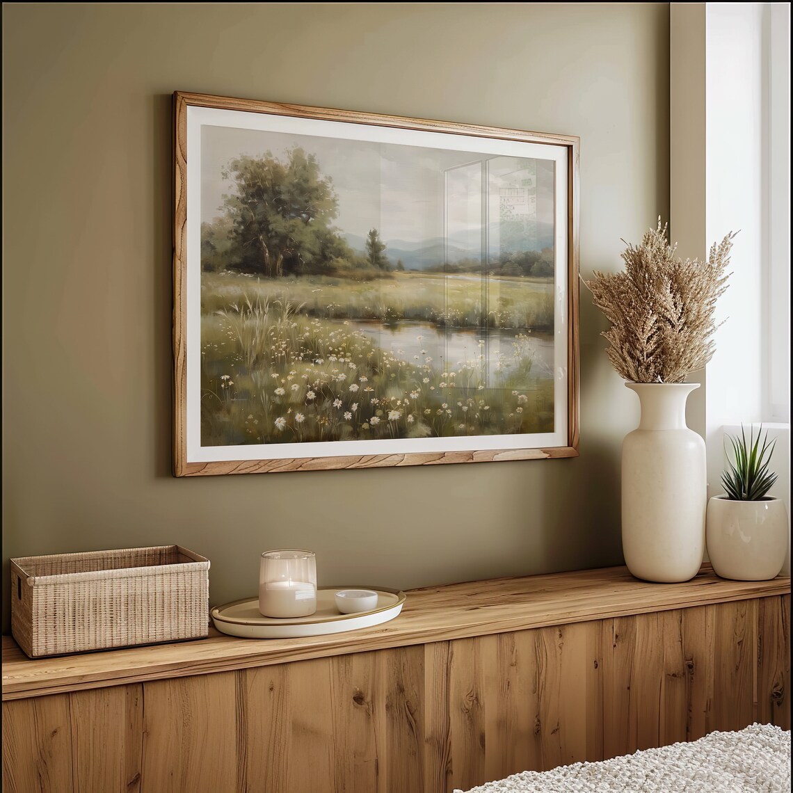 Meadow Pond With Daisies Spring Wildflower Landscape Oil Painting - Image 2