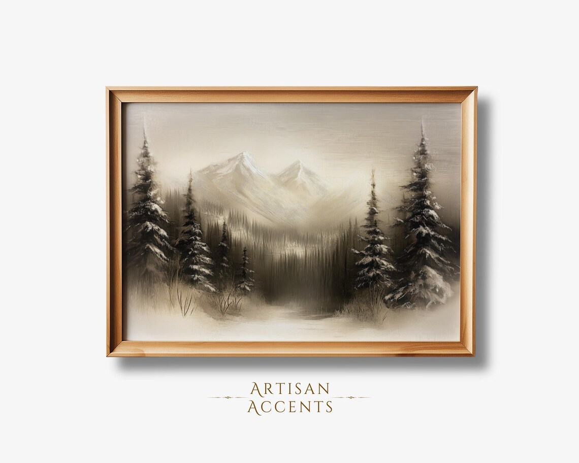 Misty Mountain Sepia Winter Forest Vintage Oil Painting Art Print - Image 3