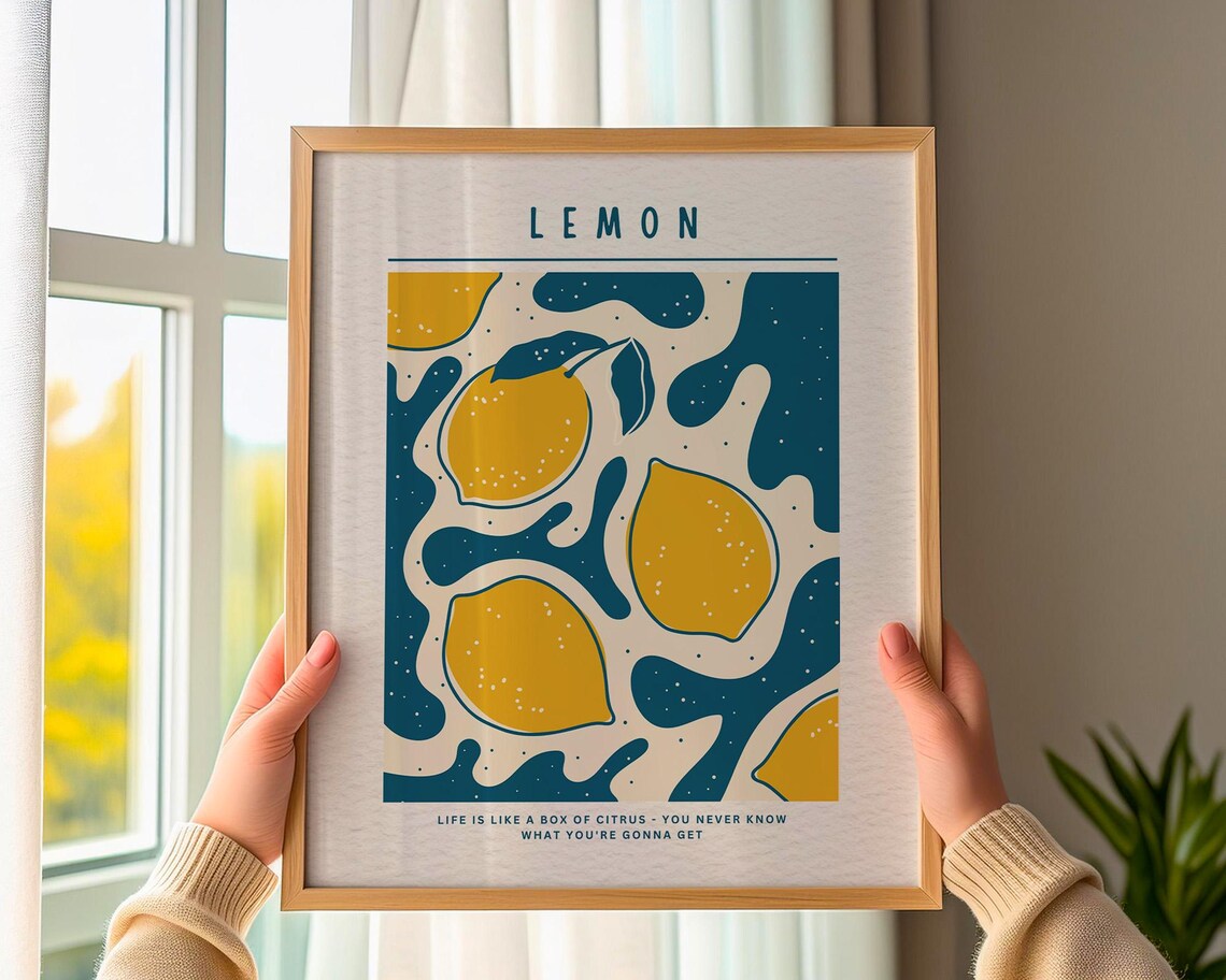 Lemon Citrus Retro Pop Art Yellow Blue Kitchen Quote Art Poster - Image 3