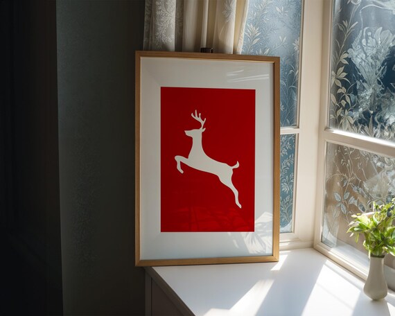 White Reindeer Silhouette on Red Modern Minimalist Christmas Poster