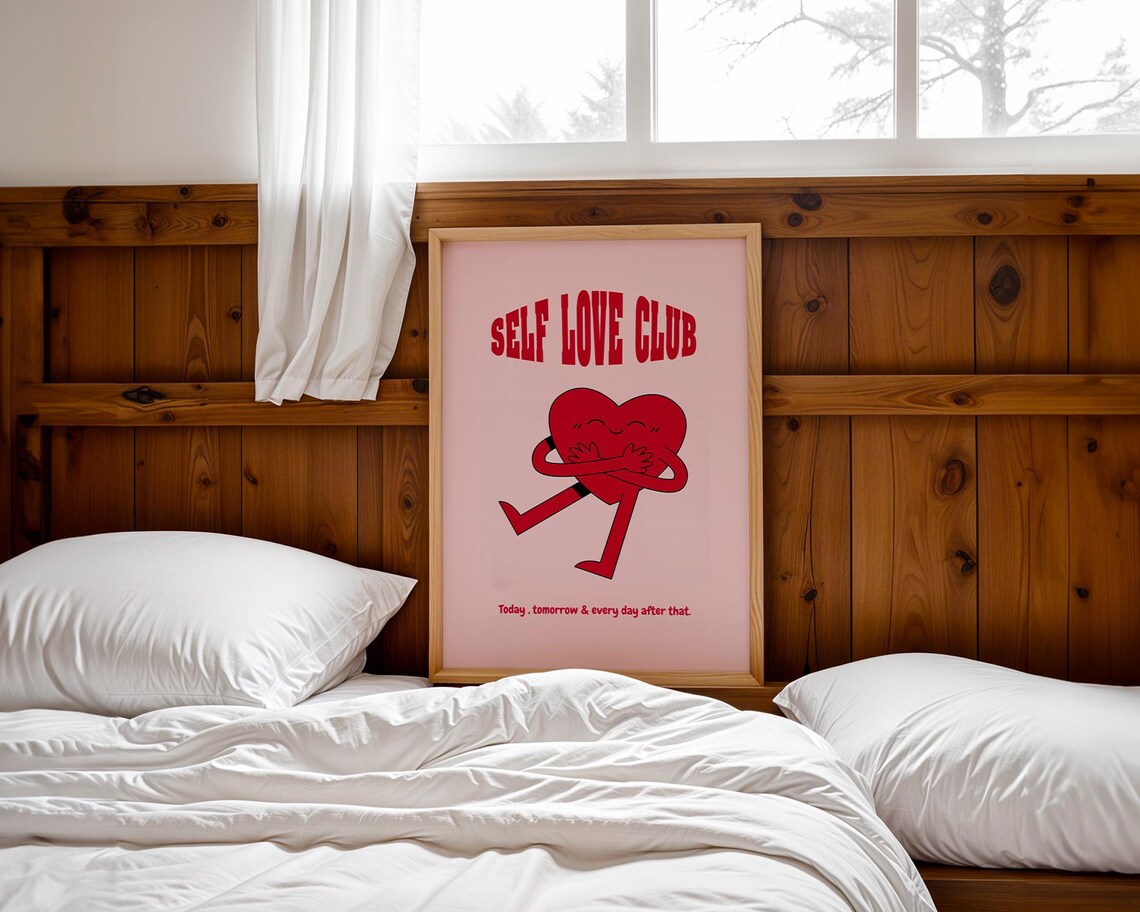 Self Love Club Red Heart Hugging Pink Self Care Affirmation Poster - Image 3