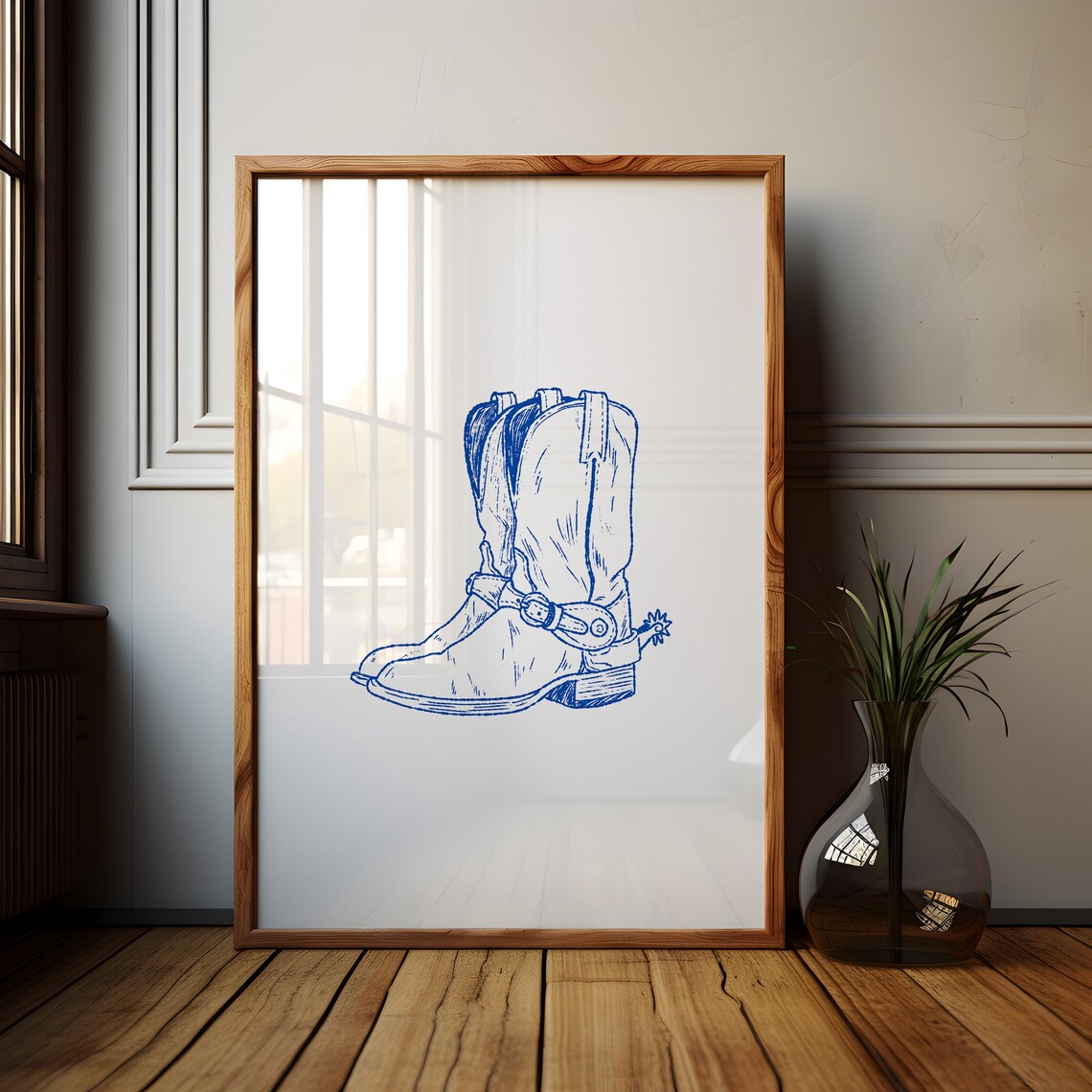 Blue Line Art Cowboy Boot with Spur Classic Western Decor Poster - Image 4