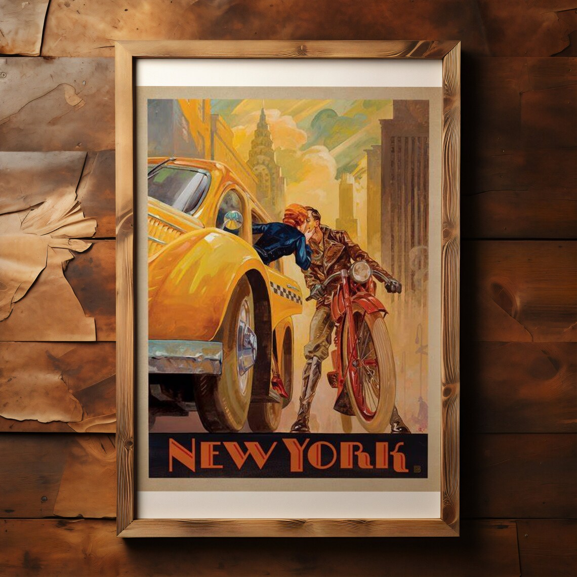 Vintage New York Taxi Cab Kiss Retro Travel City Scene Poster