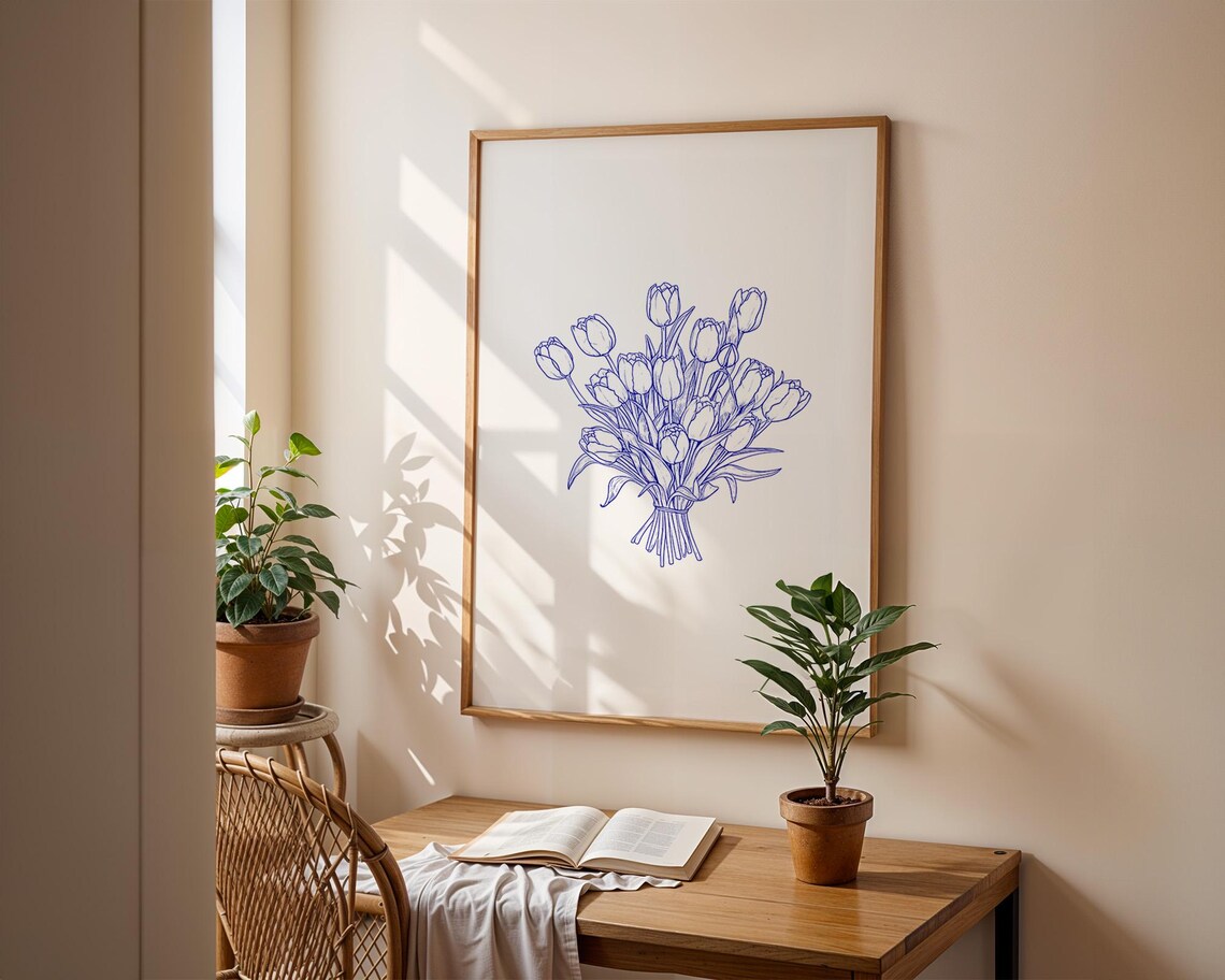 Blue Line Art Tulip Bouquet Minimalist Floral Botanical Poster - Image 3