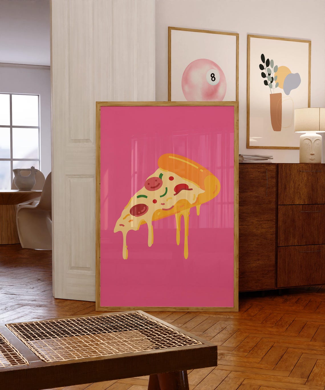 Dripping Cheese Pizza Slice Illustration Hot Pink Kitchen Poster - Image 4