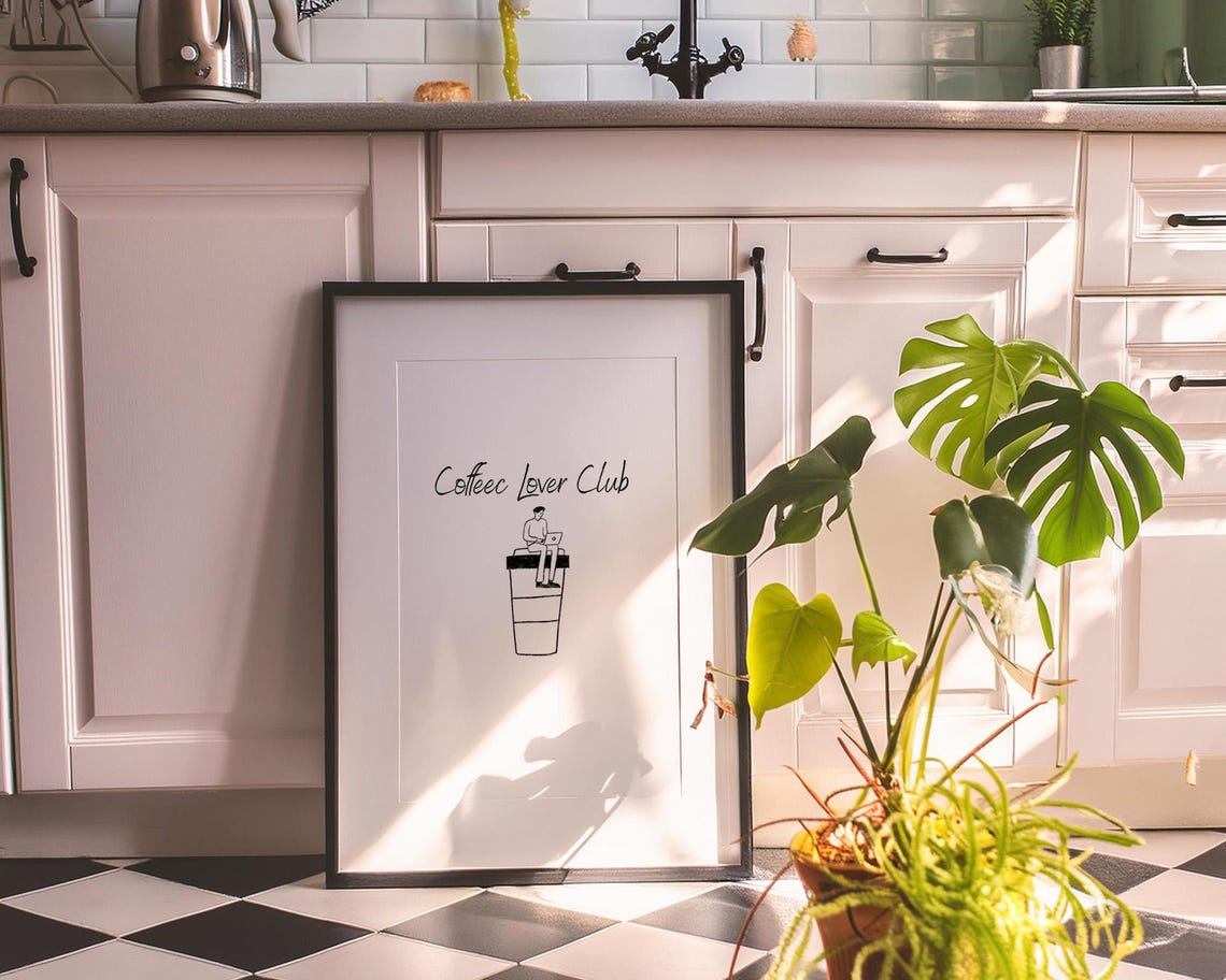 Coffee Lover Club Doodle Man On Giant Cup Minimalist Kitchen Poster - Image 4