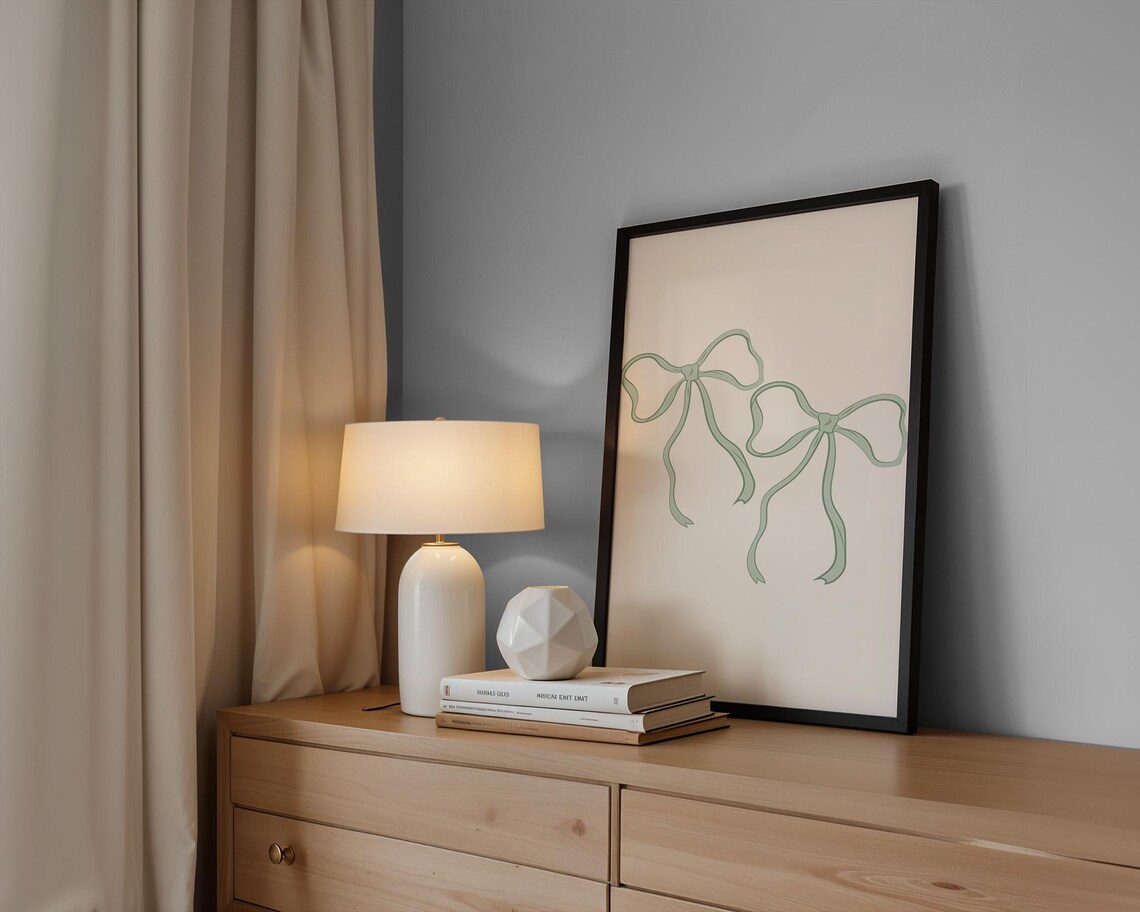 Two Sage Green Ribbon Bows Minimalist Preppy Nursery Wall Art - Image 3