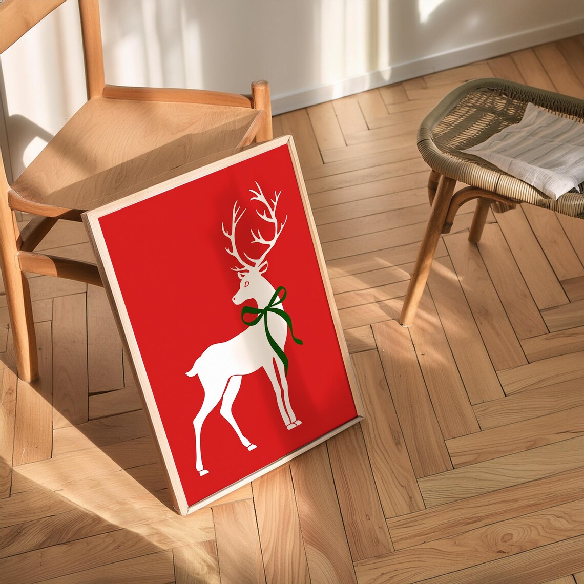 White Deer Green Bow Silhouette Bold Red Christmas Art Poster - Image 2