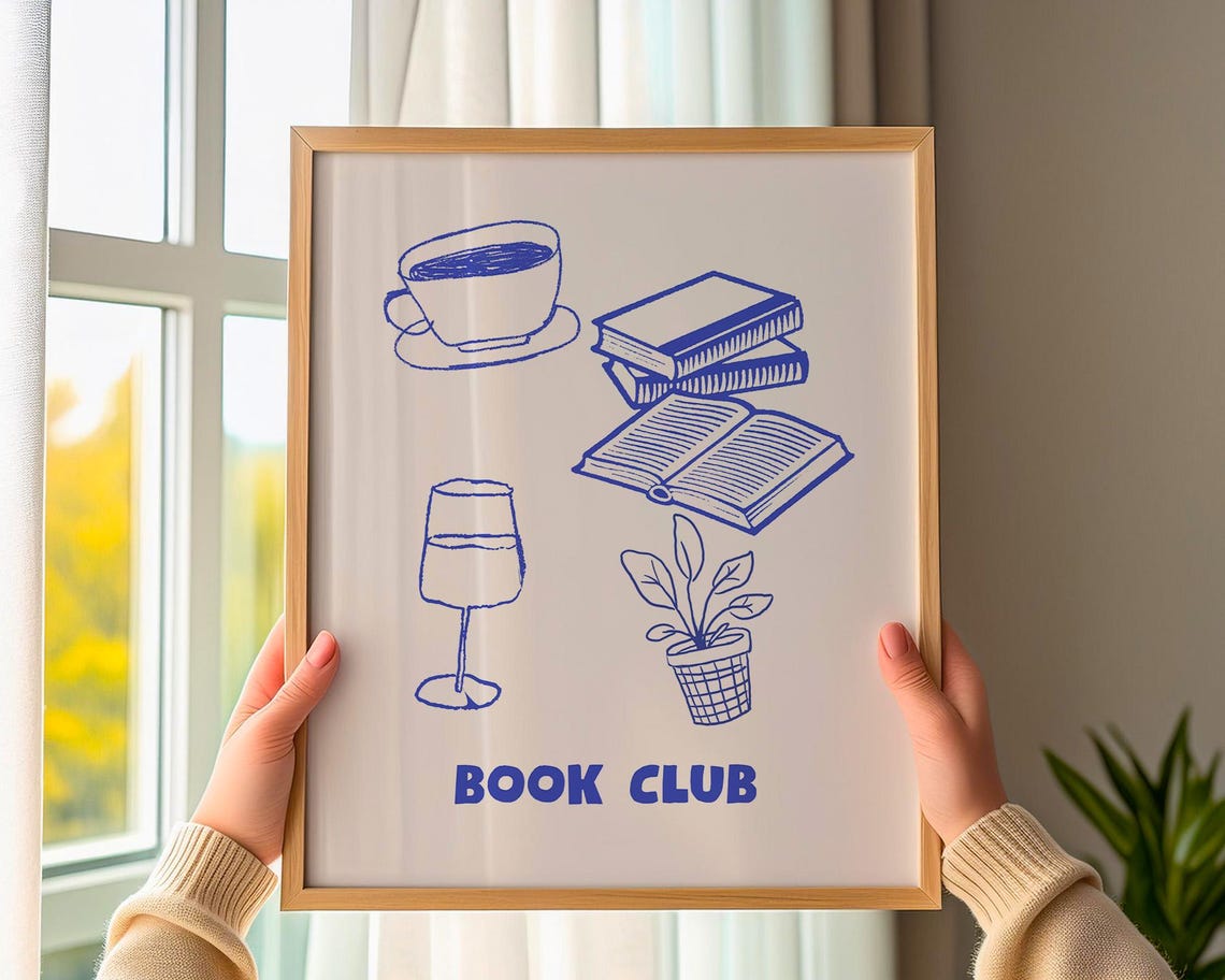 Book Club Blue Line Drawings Coffee Books Wine Reader Art Poster - Image 3