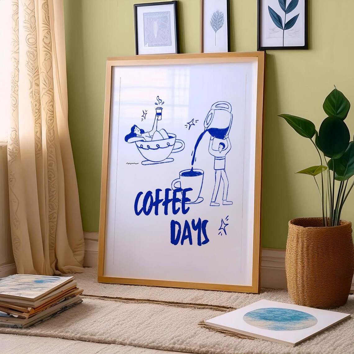 Whimsical Blue Line Art Coffee Days Morning Ritual Sketch Poster - Image 4
