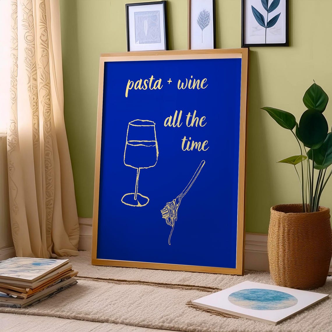 Pasta Plus Wine All the Time Cobalt Blue Kitchen Decor Poster - Image 4