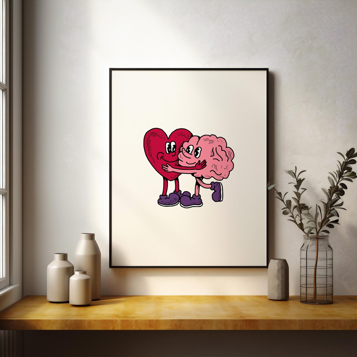 Hugging Heart and Brain Retro Cartoon Best Friends Forever Art Poster - Image 2