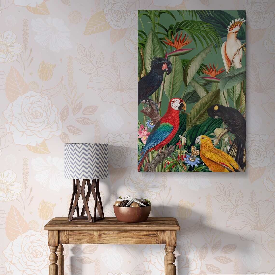 Exotic Birds Jungle Print, Tropical Parrots And Cockatoos