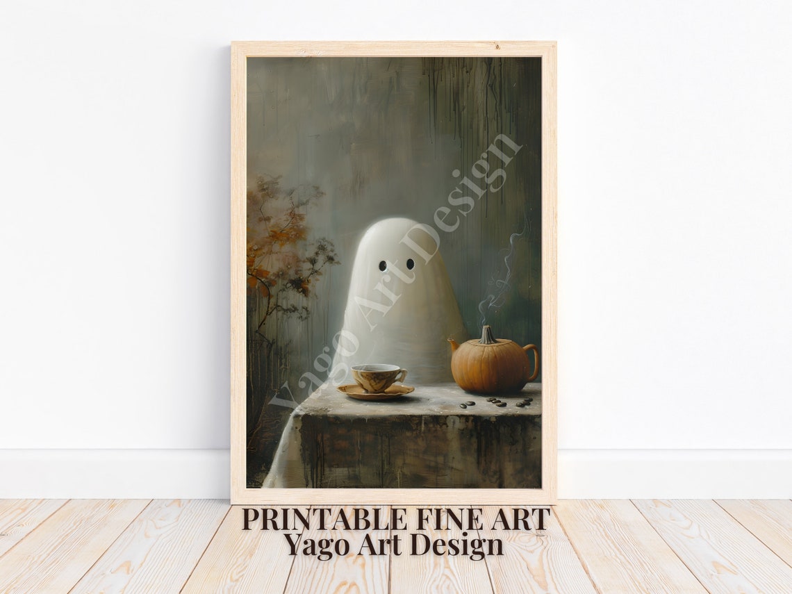 Cute Cozy Ghost Drinking Coffee by Pumpkin Teapot Halloween Poster