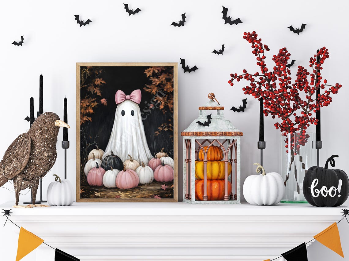 Cute Ghost with Pink Bow among Pink Pumpkins Dark Halloween Poster - Image 4
