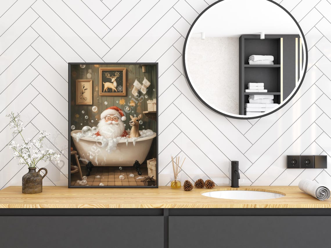 Santa Claus in Bubble Bath with Reindeer Poster Funny Christmas - Image 3