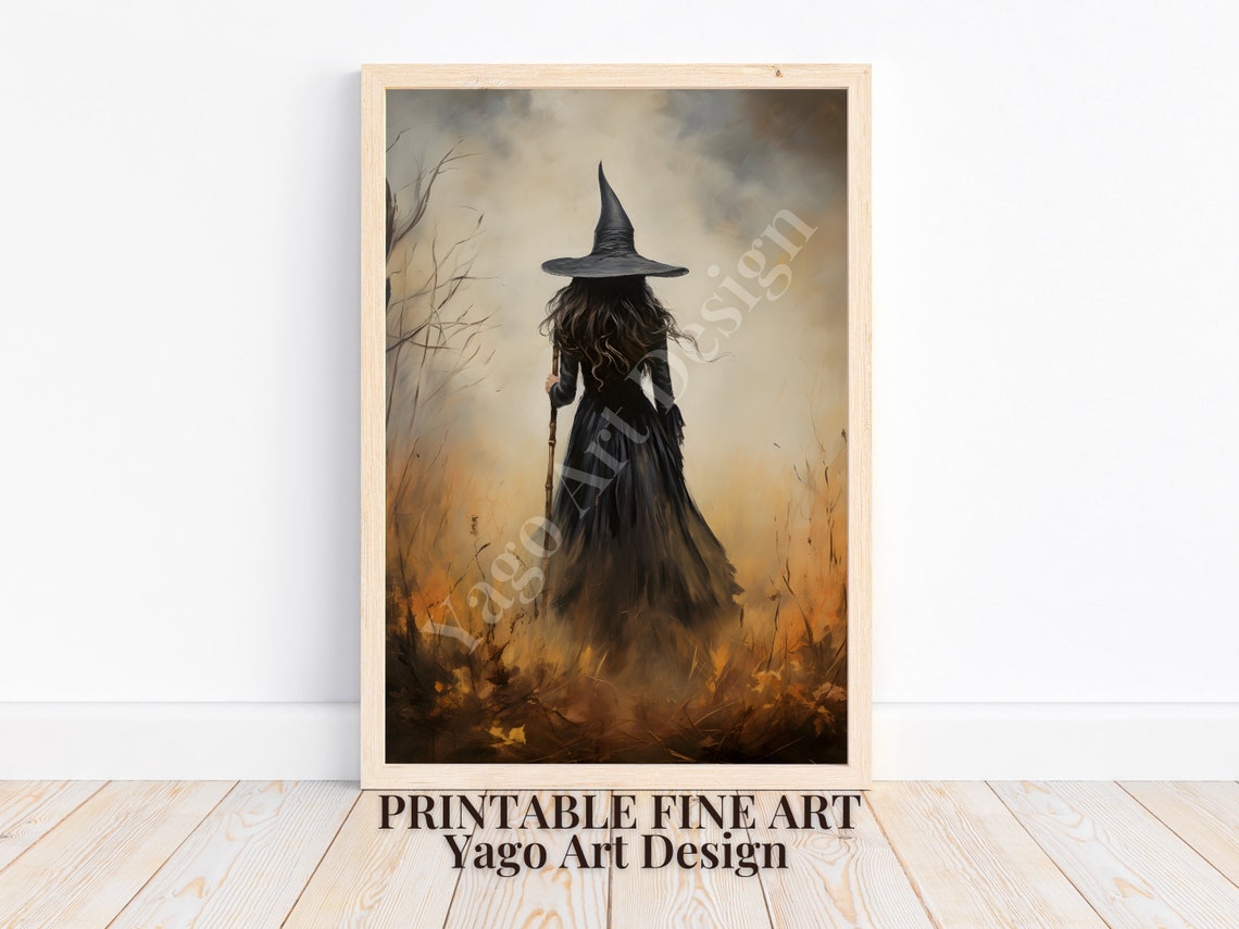 Witch From Behind Misty Autumn Field Moody Halloween Wall Art