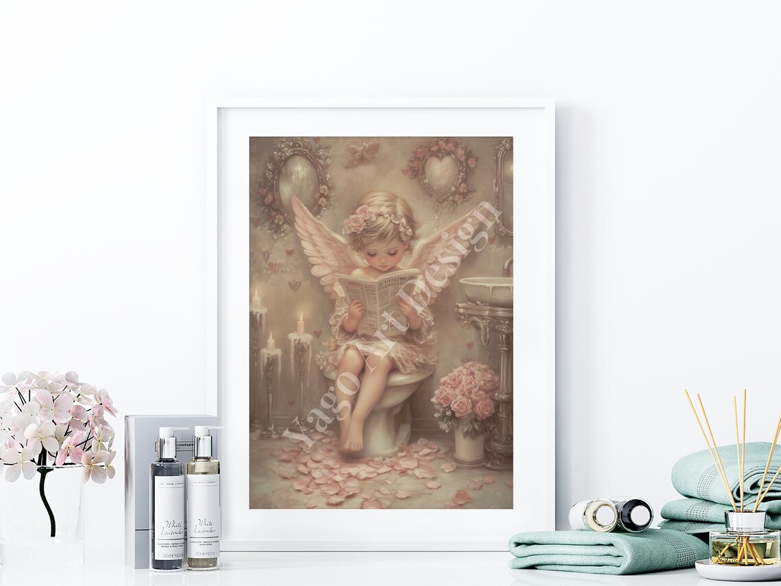 Cupid Angel Reading Newspaper on Toilet Valentine Bathroom Poster - Image 4