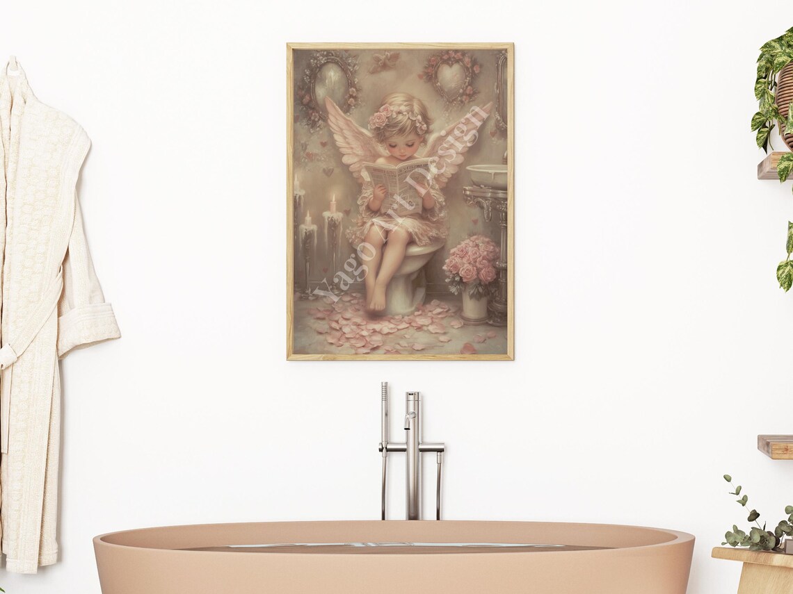 Cupid Angel Reading Newspaper on Toilet Valentine Bathroom Poster - Image 2
