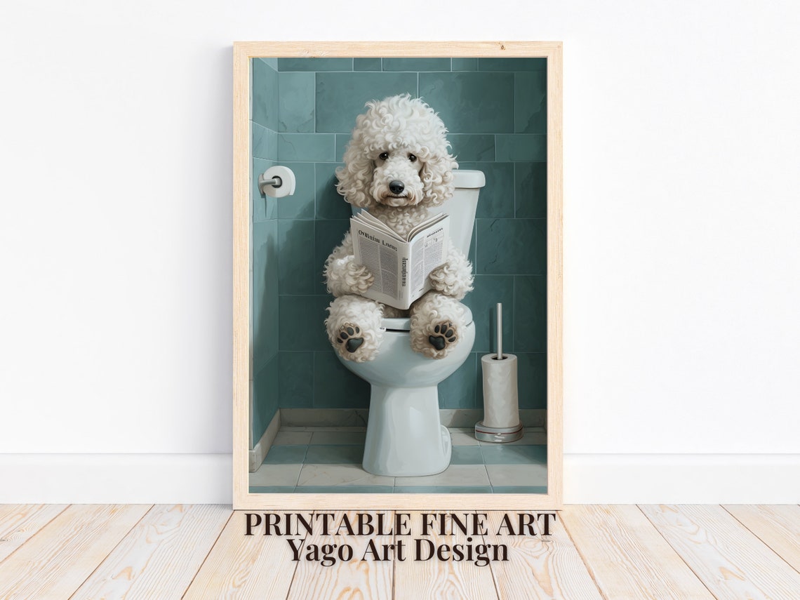 White Poodle Reading Book on Toilet Funny Bathroom Wall Poster