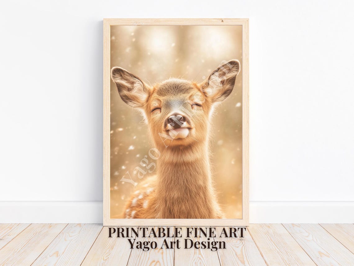 Roe Deer Wall Art Print Minimalist Winter Poster Young Roe Buck Portrait Modern Farmhouse Decor Cute Roe Deer Wall Decor Smiling Deer