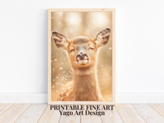 Roe Deer Wall Art Print Minimalist Winter Poster Young Roe Buck Portrait Modern Farmhouse Decor Cute Roe Deer Wall Decor Smiling Deer