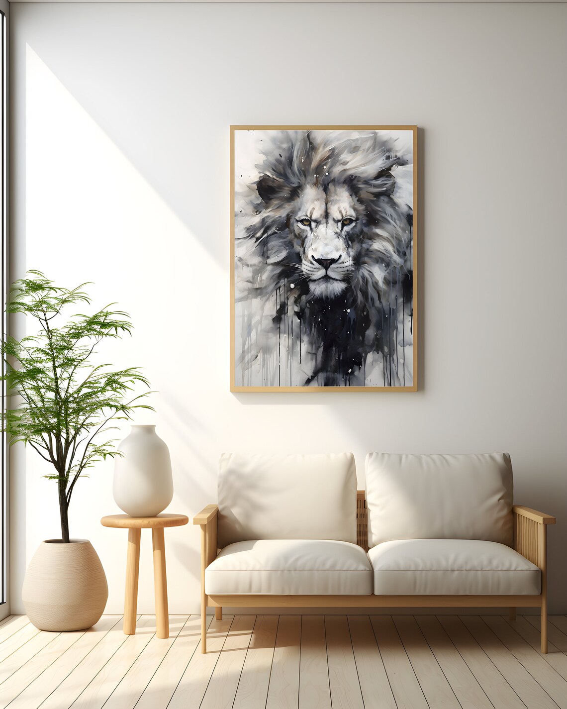 Monochrome Lion Face Dripping Ink Watercolor Wildlife Poster - Image 3