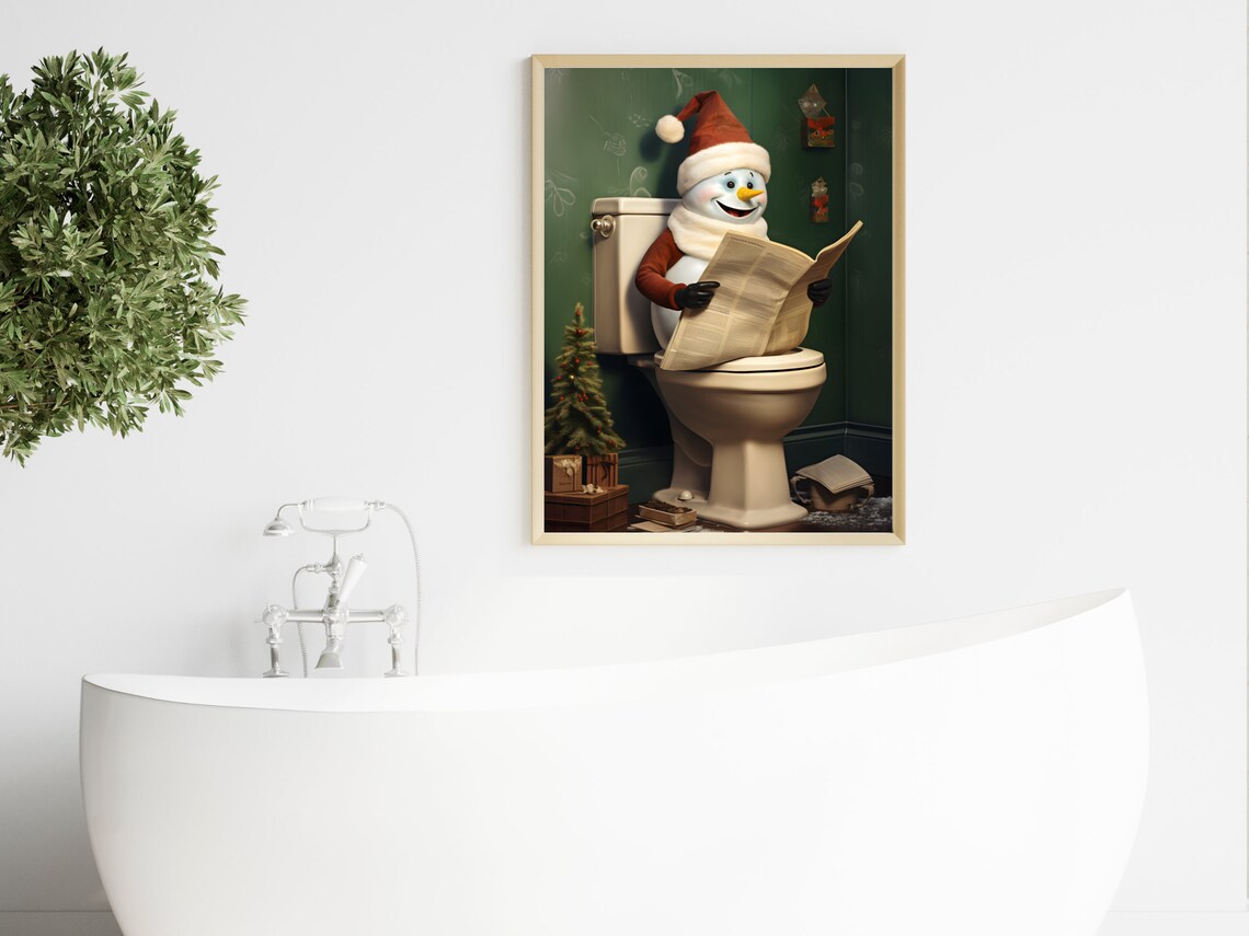 Cheerful Snowman On Toilet Reading Newspaper Funny Christmas Poster - Image 4