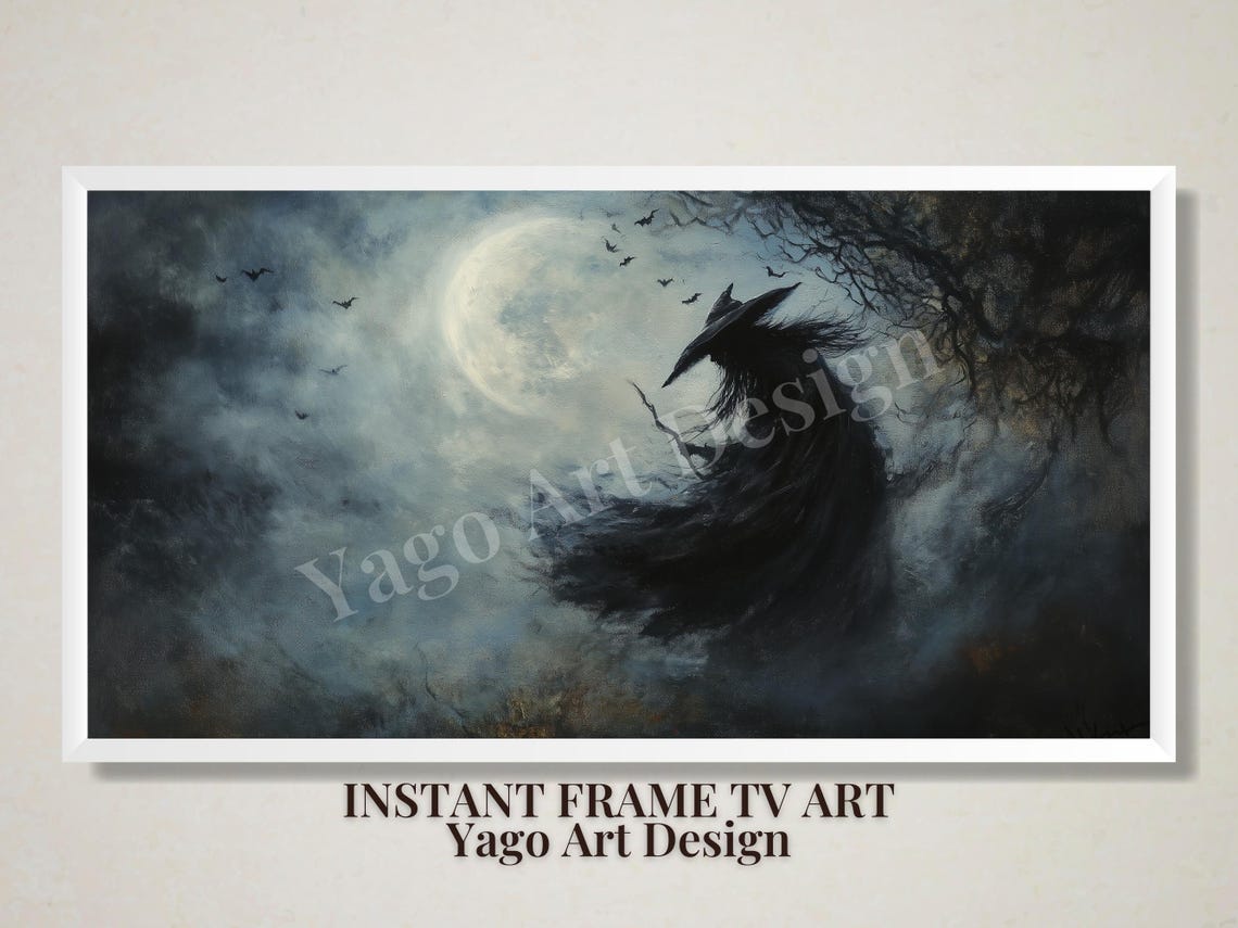 Witch Silhouette under Full Moon with Bats Spooky Halloween Poster - Image 2