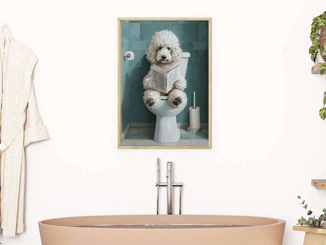 White Poodle Reading Book on Toilet Funny Bathroom Wall Poster - Image 3