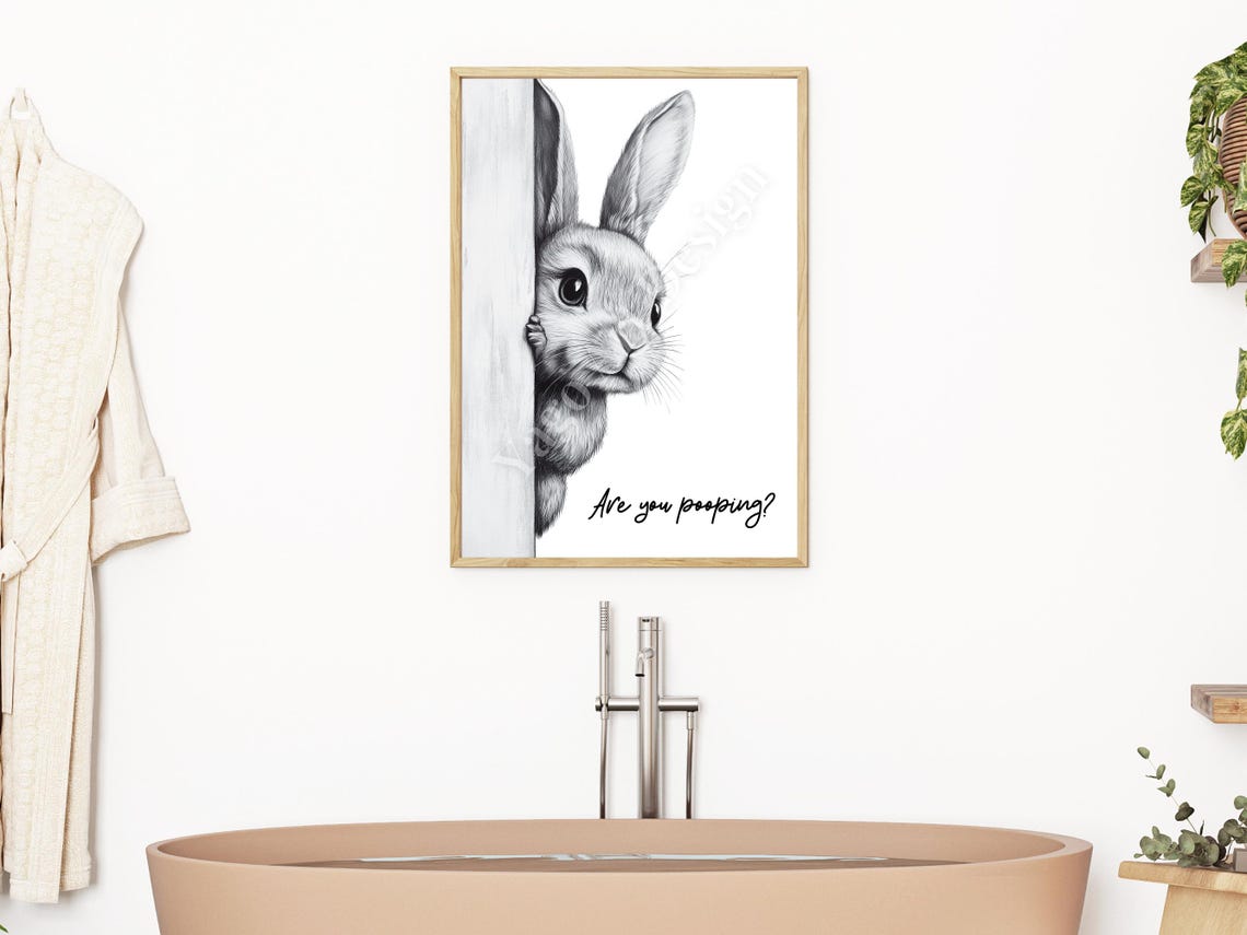 Are You Pooping Rabbit Minimalist Sketch Funny Bathroom Poster - Image 2