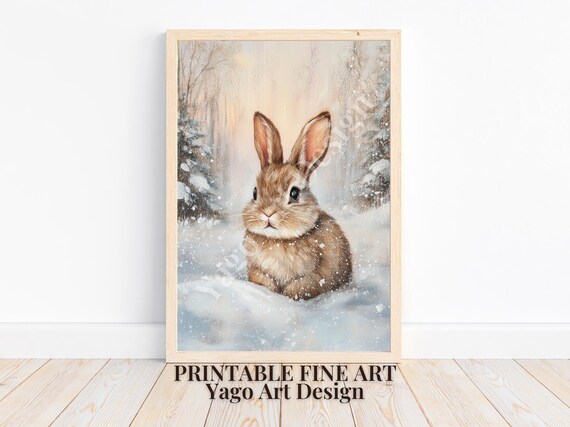 Bunny in Snowy Winter Forest Poster Cute Nursery Woodland Art