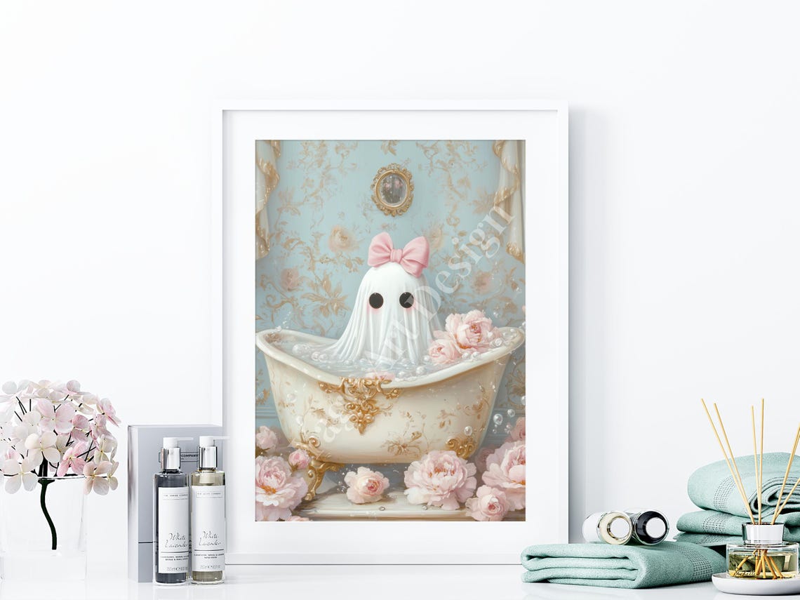 Cute Ghost with Pink Bow in Floral Bubble Bath Pastel Art Poster - Image 4