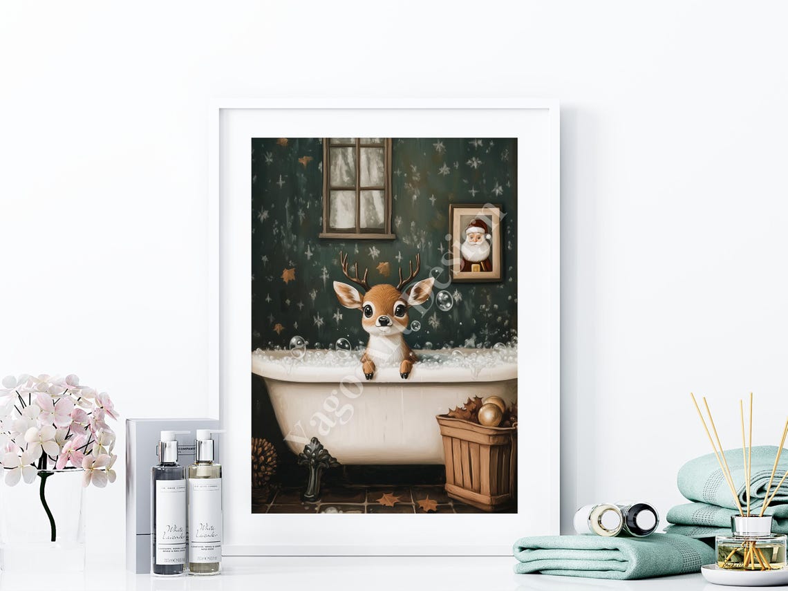 Cute Reindeer Bubble Bath Poster Whimsical Christmas Nursery Art - Image 4